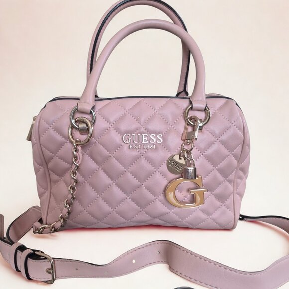 Guess Quilted Pink Satchel Crossbody Bag with Chain Strap & Logo Charm - Picture 1 of 13